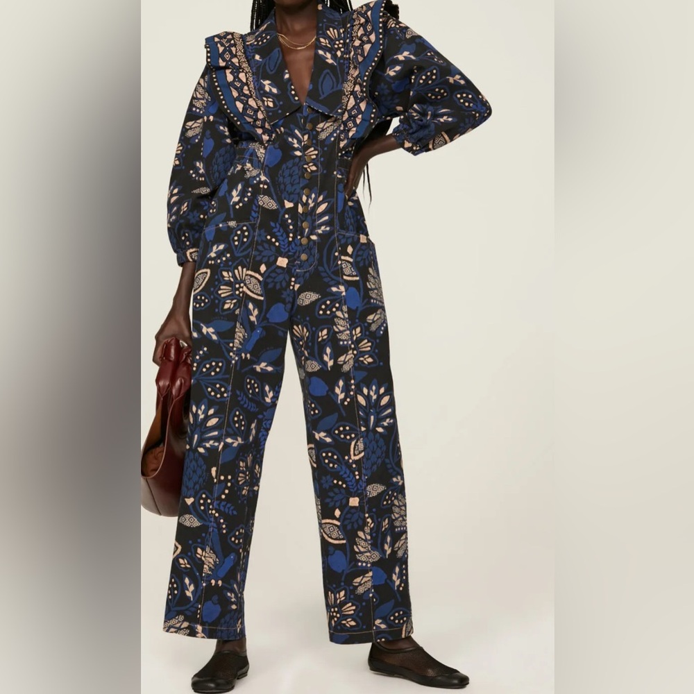 FARM Rio Navy Blue and Tan Floral Ruffle Jumpsuit - Picture 4 of 7